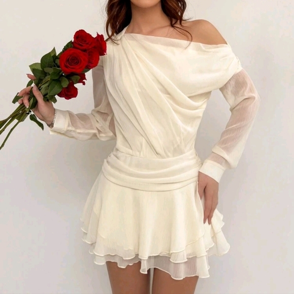 Elegant 3D Flower Decor Asymmetrical Shoulder Ruffle Tiered Collar Slim Fit Dres - Picture 1 of 4